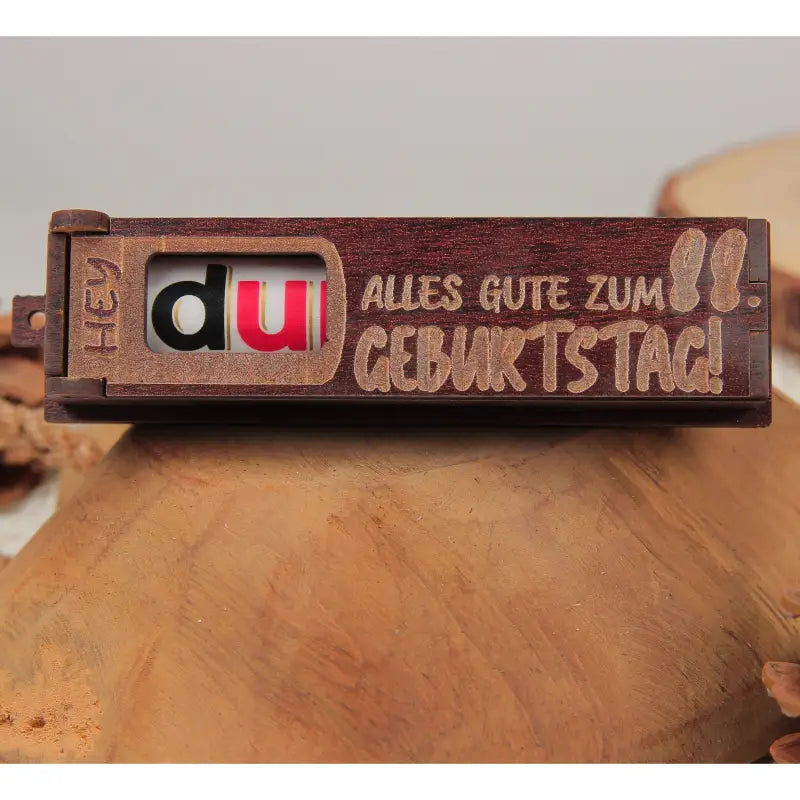 Holz Geschenkbox Dunkelbraun mit drehbaren Buchstaben für Geburtstag