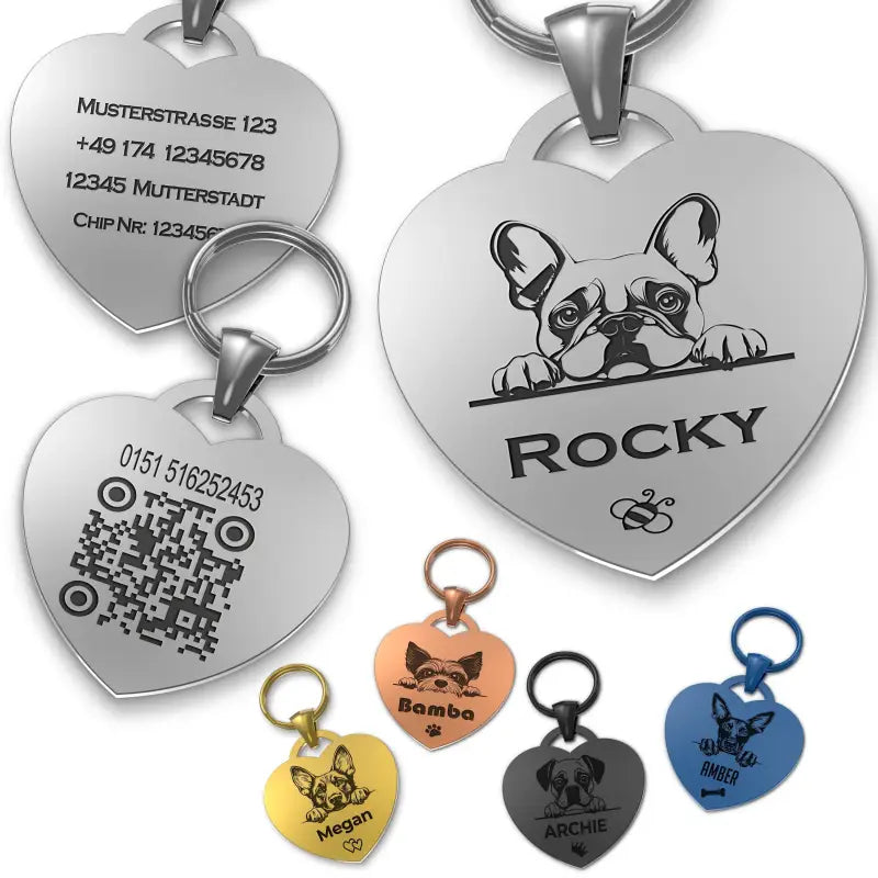 Herzform Hundemarke aus Edelstahl mit Gravur und QR-Code, viele Designs und Farben