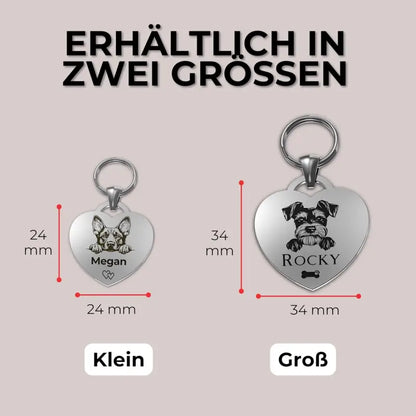 Zwei herzförmige Hundemarken aus Edelstahl mit Gravur und QR-Code für personalisierte Hundemarke