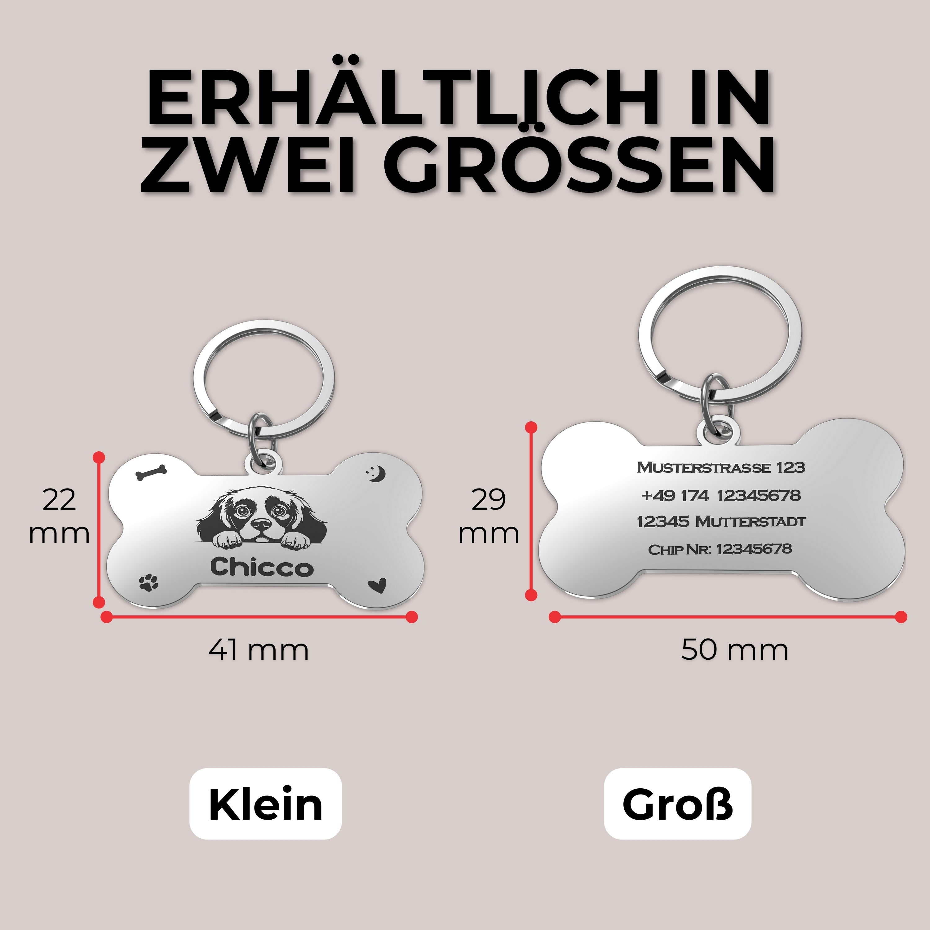Hundemarke Knochenform mit Gravur personalisiert für Haustiere, verschiedene Größen
