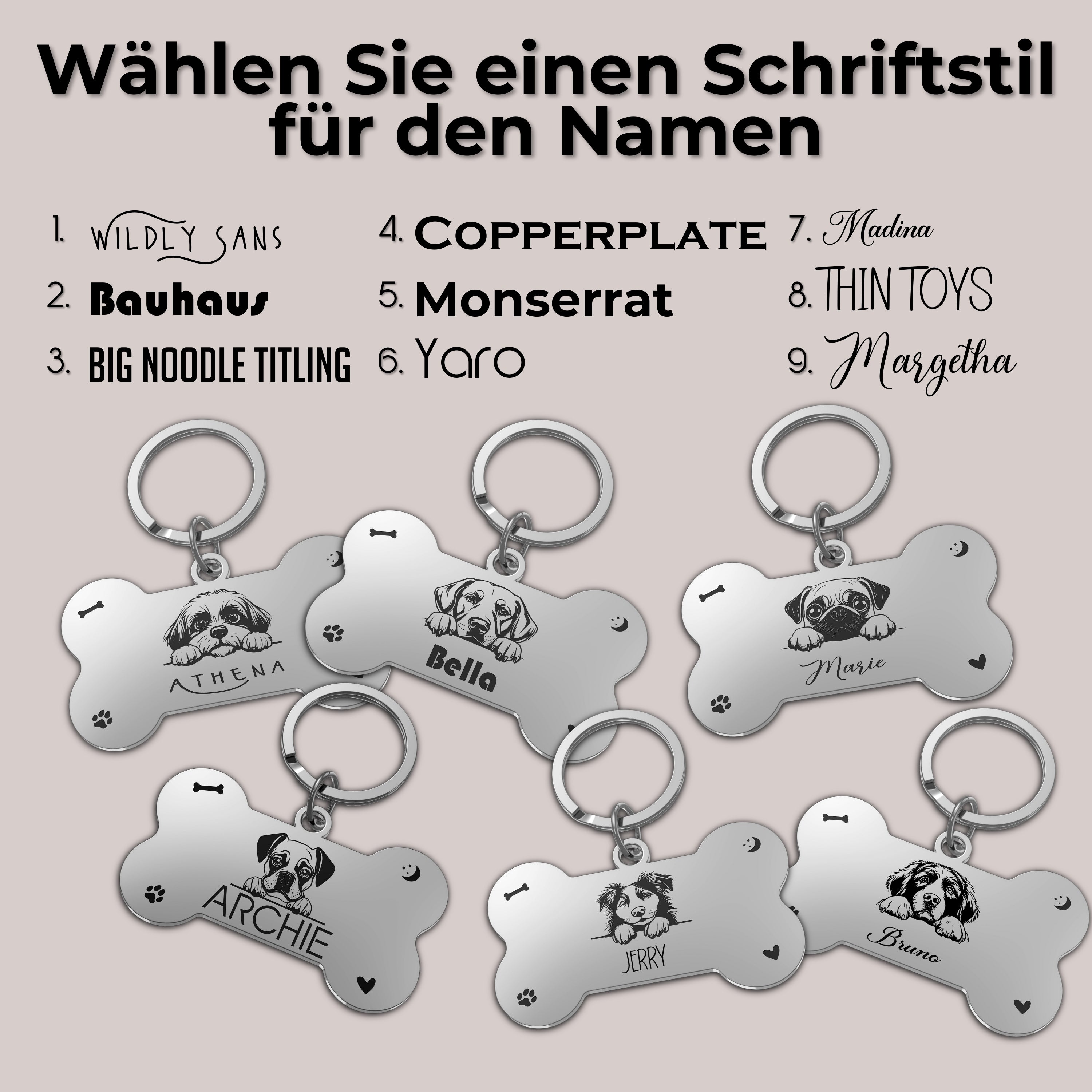 Personalisierte Hundemarke Knochenform mit Gravur für verschiedene Hunderrassen