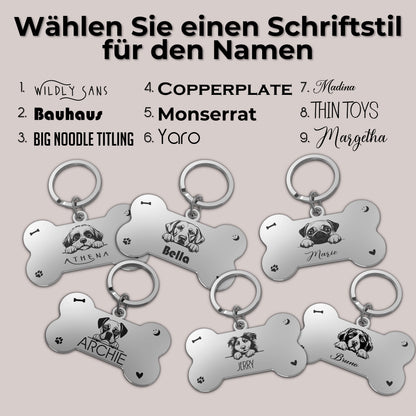 Personalisierte Hundemarke Knochenform mit Gravur für verschiedene Hunderrassen