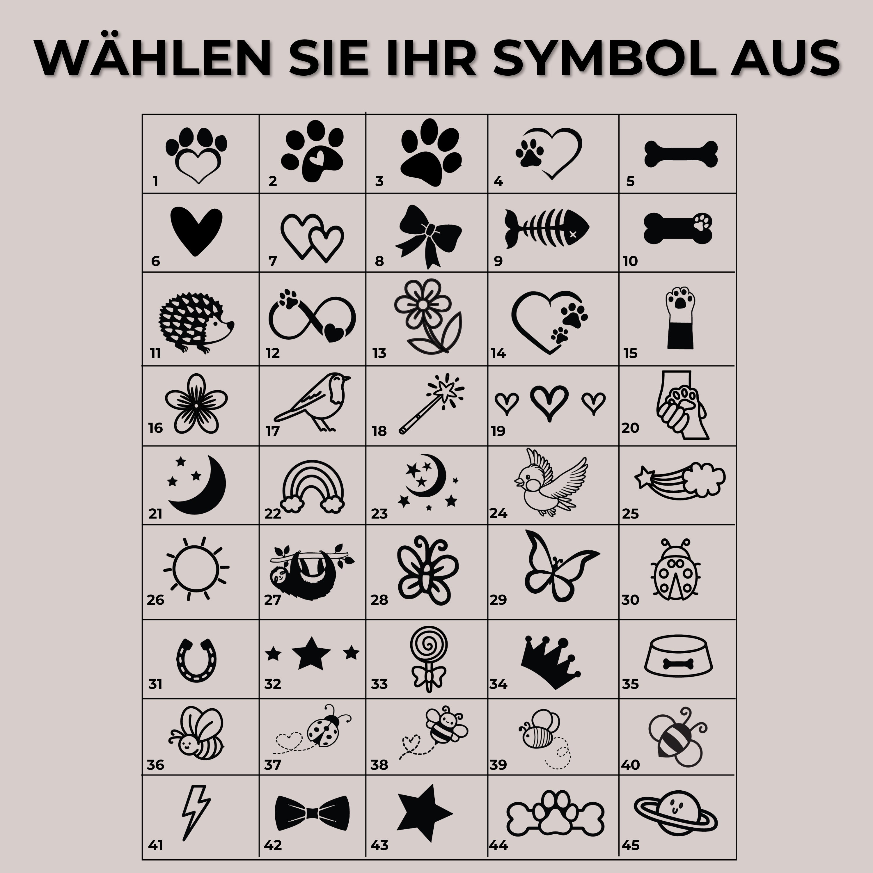 Hundemarke Knochenform mit 45 schwarzen Symbolen, personalisierte Gravur für Haustiere