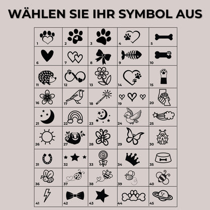 Hundemarke Knochenform mit 45 schwarzen Symbolen, personalisierte Gravur für Haustiere