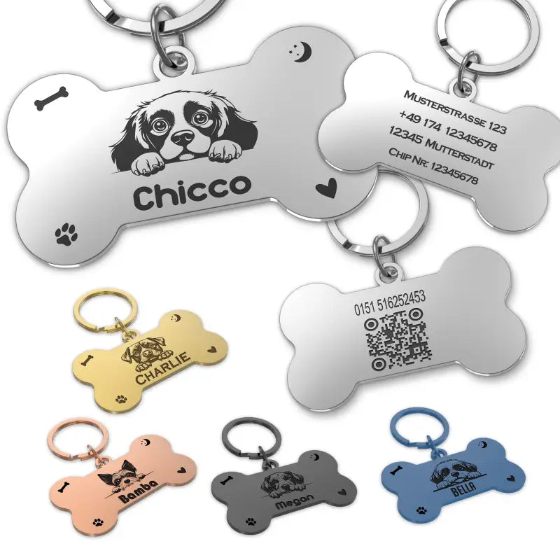 Hundemarke Knochenform mit Gravur personalisiert für Haustiere, verschiedene Oberflächen