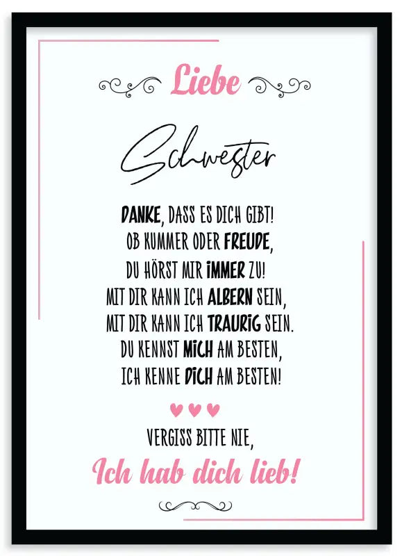 Gerahmtes deutsches Schwesterliebe Poster als Wandbild für Lieb poster Dekor