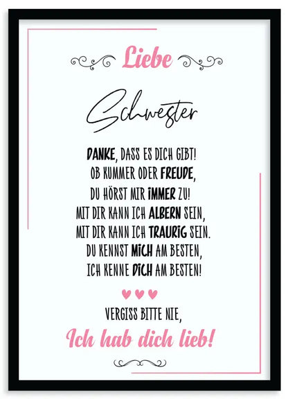 Gerahmtes deutsches Schwesterliebe Poster als Wandbild für Lieb poster Dekor