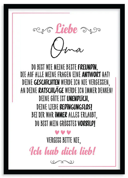 Gerahmtes lieb poster mit deutschem Text für Oma als Wandbild Fine Art Druck