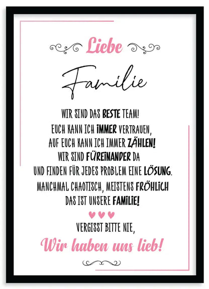 Gerahmtes lieb poster mit Familienzitat als Wandbild im Fine Art Druckstil