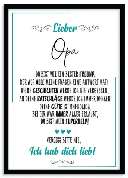Gerahmtes lieb poster mit deutschem Text als Wandbild für Großvater, Fine Art Druck