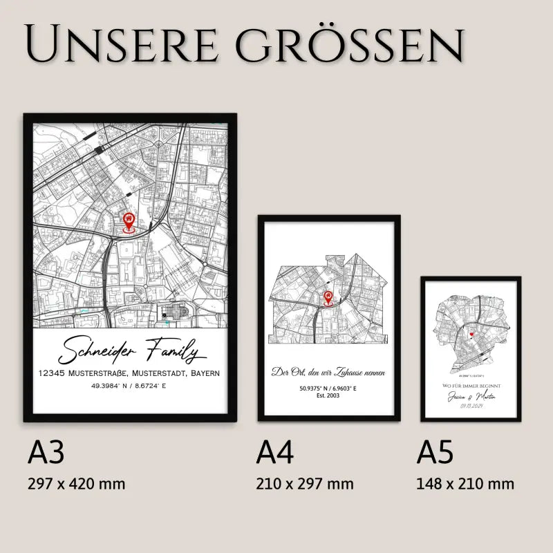 Framed map art prints in three sizes for koordinatenposter personalisiert Landkarten Design