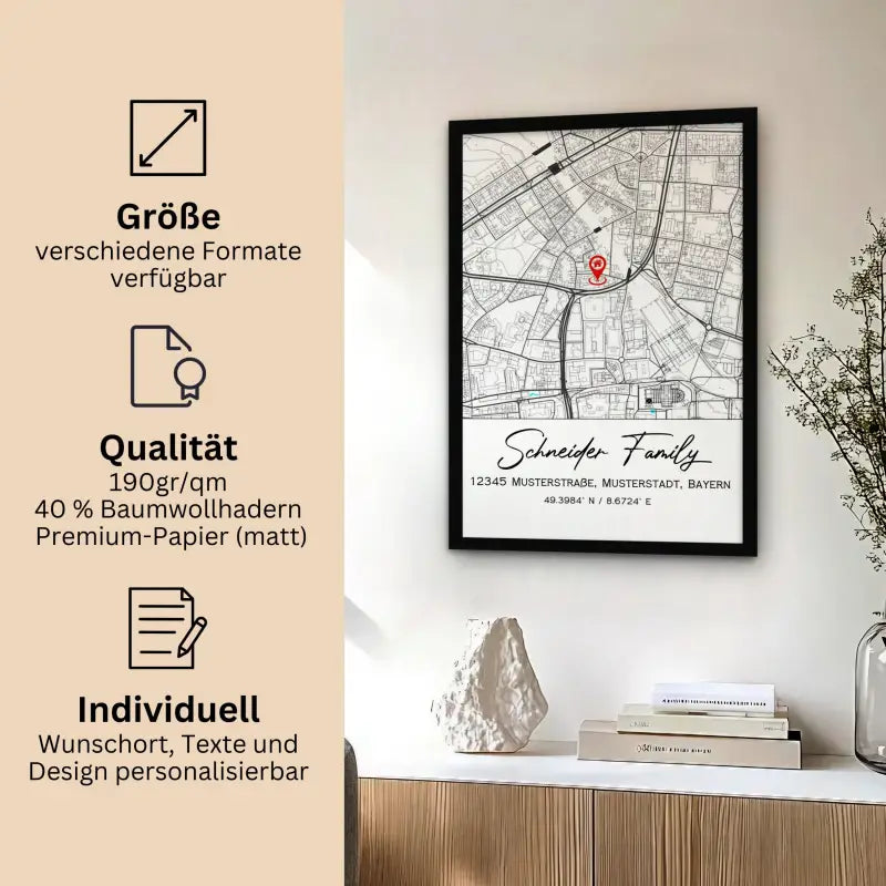 Framed koordinatenposter personalisiert mit individuell gestalteten Landkarten-Designs