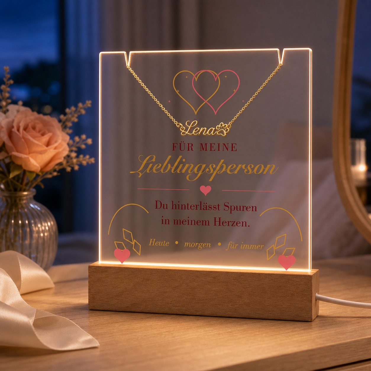 LED-Acrylleuchte Lieblingsperson mit Namenskette als Geschenk im Schlafzimmer