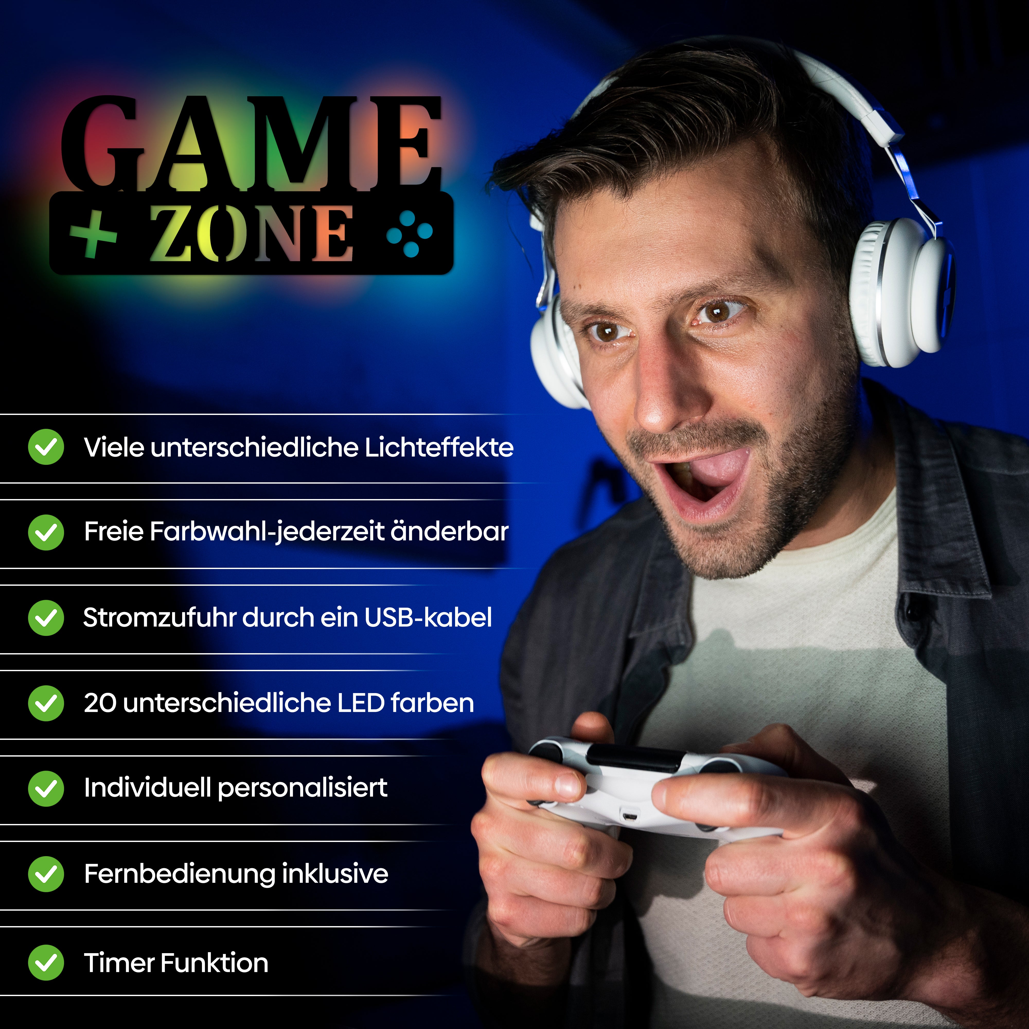 Gaming Setup mit LED Wandlampe Game Zone Schild aus Holz für Gaming Zimmer