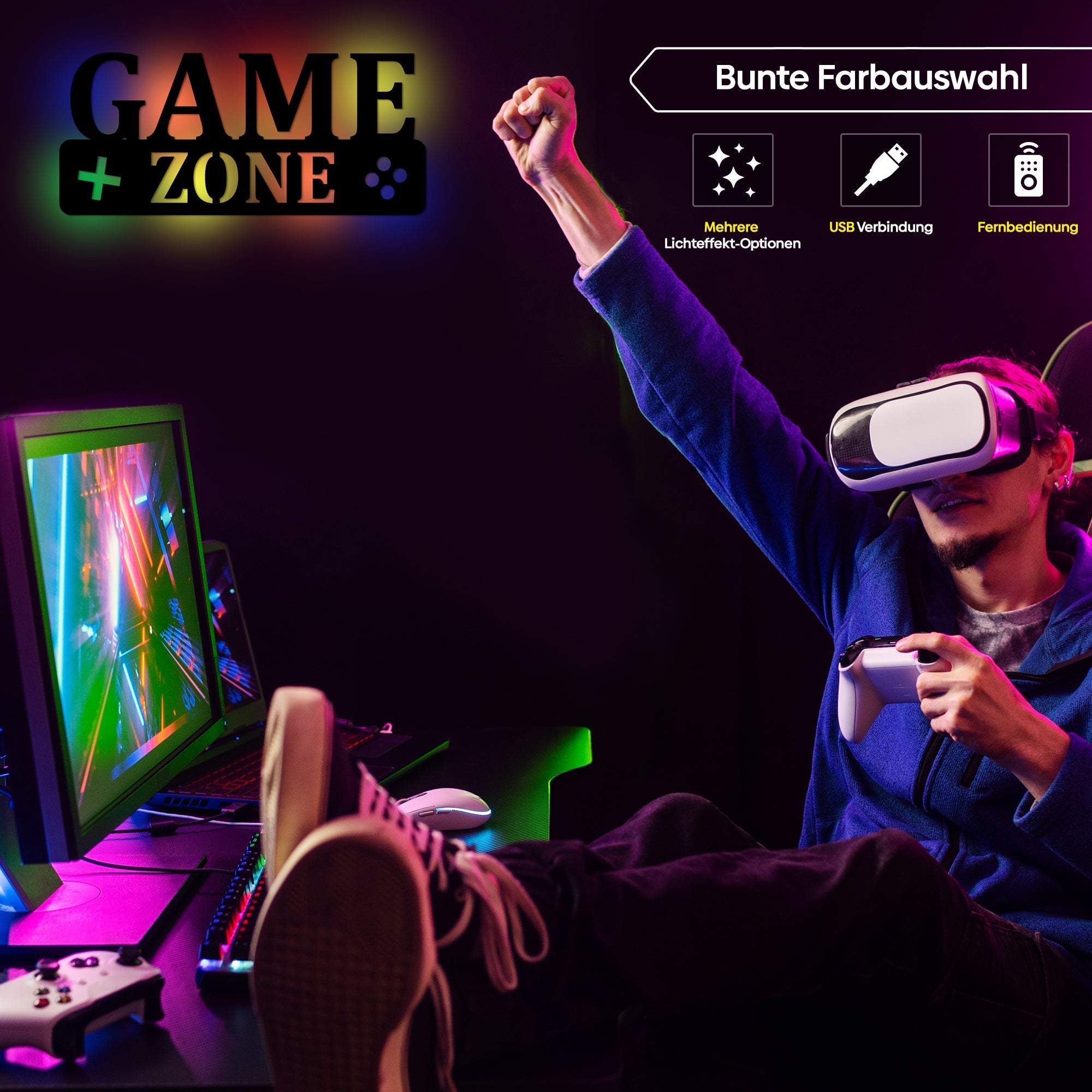 LED Wandlampe Game Zone Schild aus Holz mit mehrfarbiger Beleuchtung und Fernbedienung