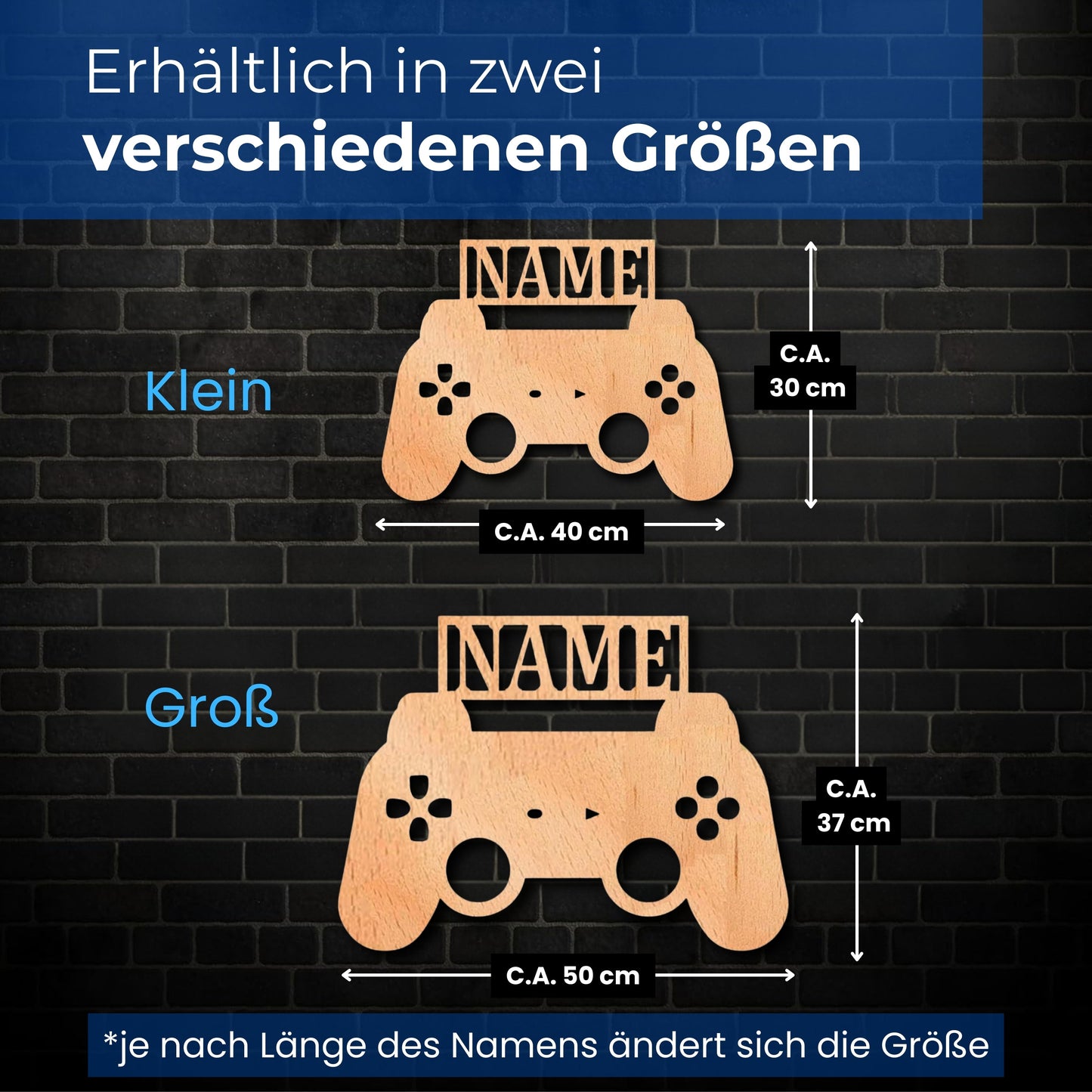 LED Wandleuchte aus Holz für Gamer mit Namen in warmweiß