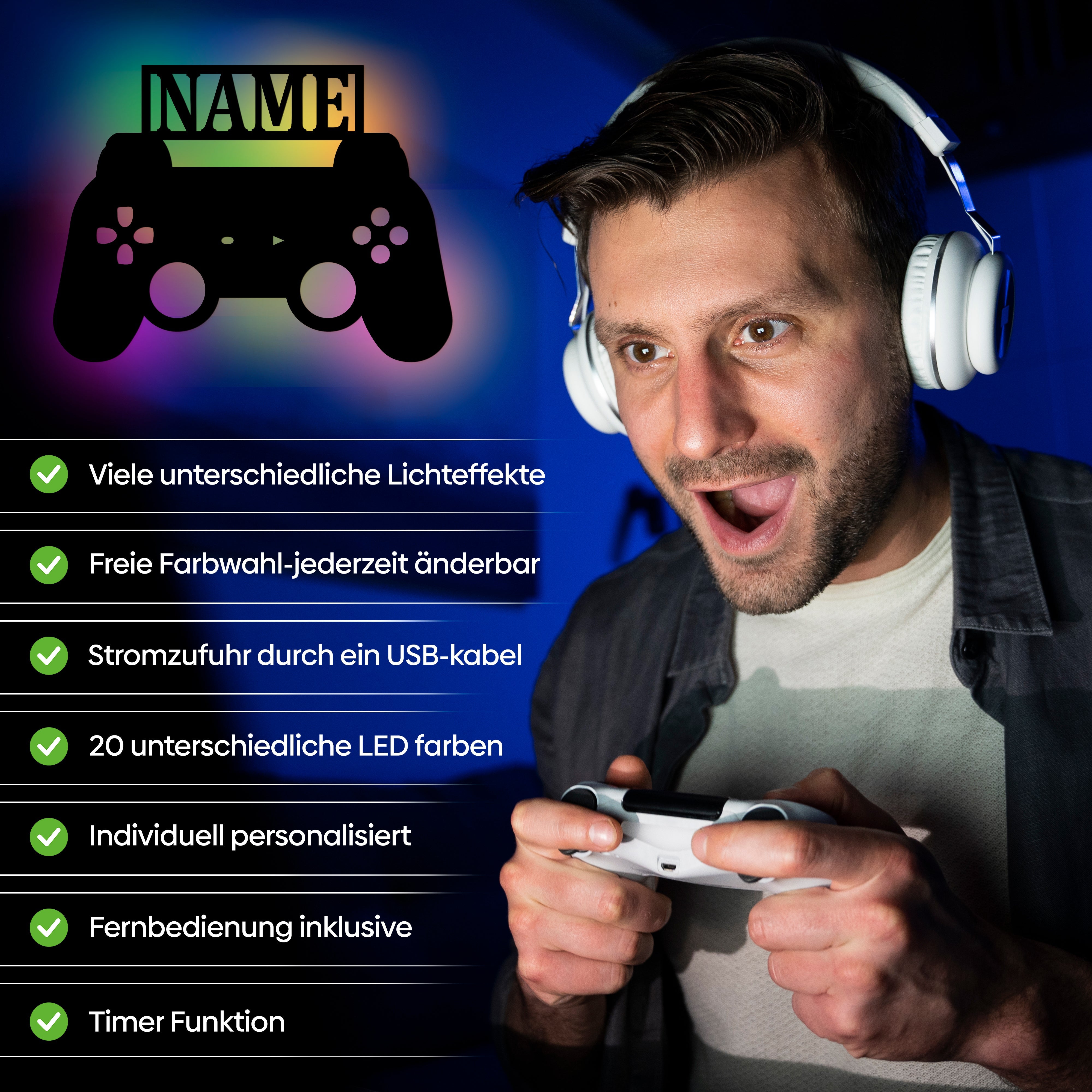 LED Wandleuchte für Gamer aus Holz mit Namen, warmweiß, Farb- und Effektoptionen