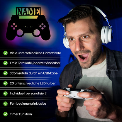 LED Wandleuchte für Gamer aus Holz mit Namen, warmweiß, Farb- und Effektoptionen