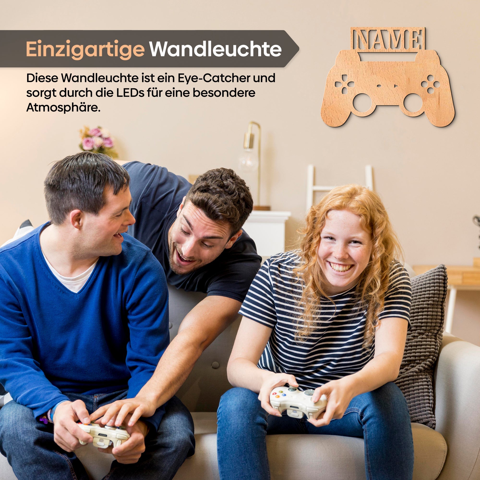 Holz Wandleuchte für Gamer mit warmweißem Licht und individuell gestaltbarem Namen