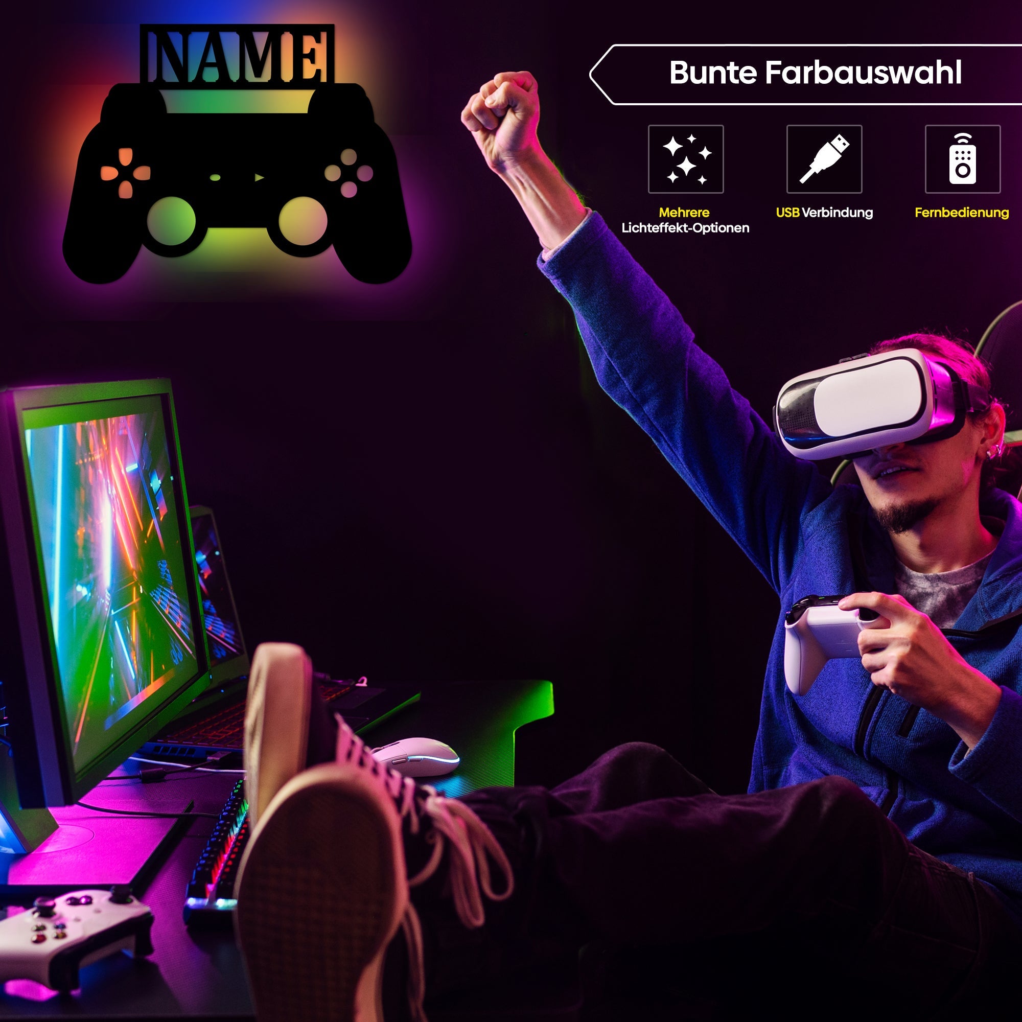Personalisierte LED Wandleuchte für Gamer aus Holz mit Namen in warmweiß