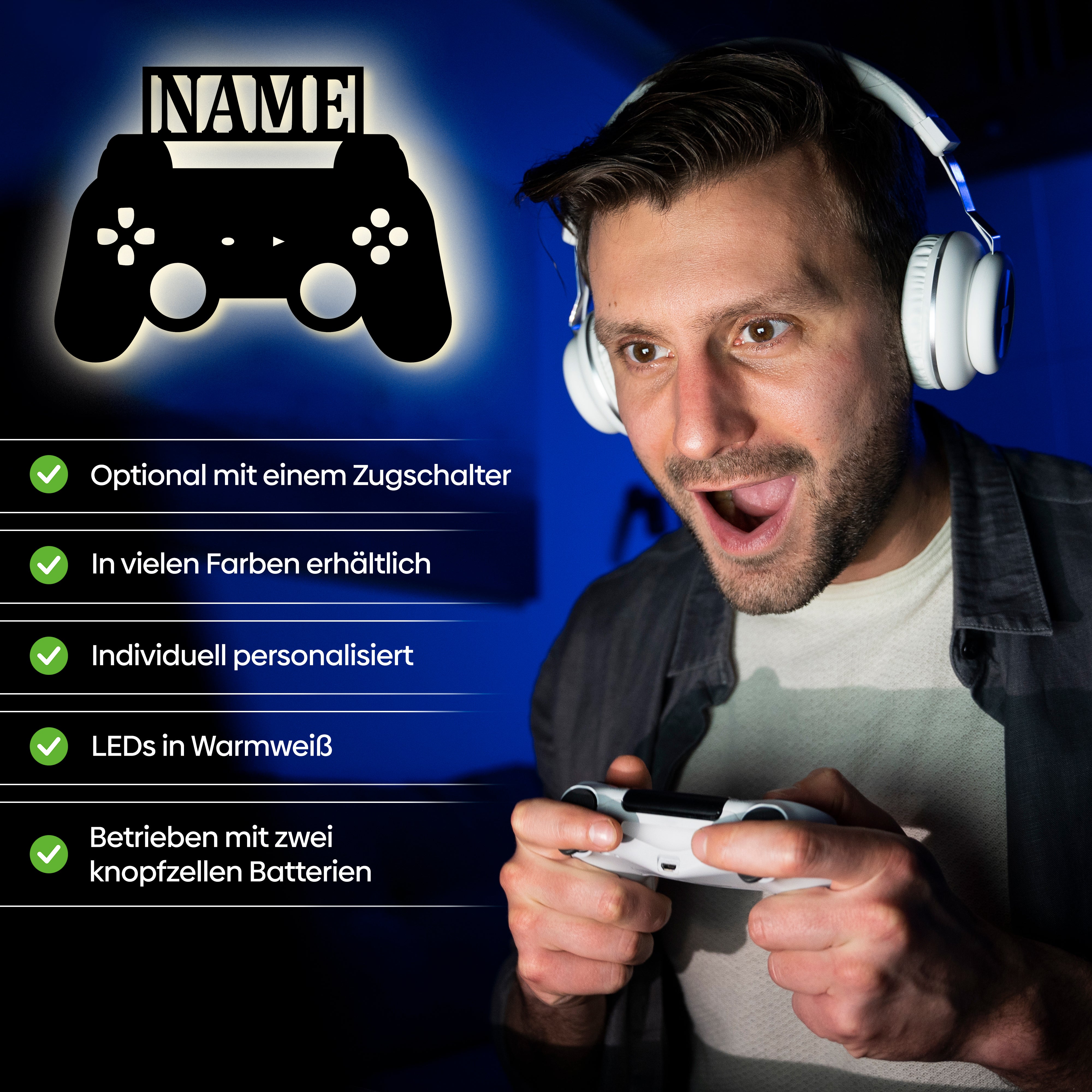 LED Wandleuchte für Gamer aus Holz mit Namen in warmweiß, batteriebetriebenes Controller-Design