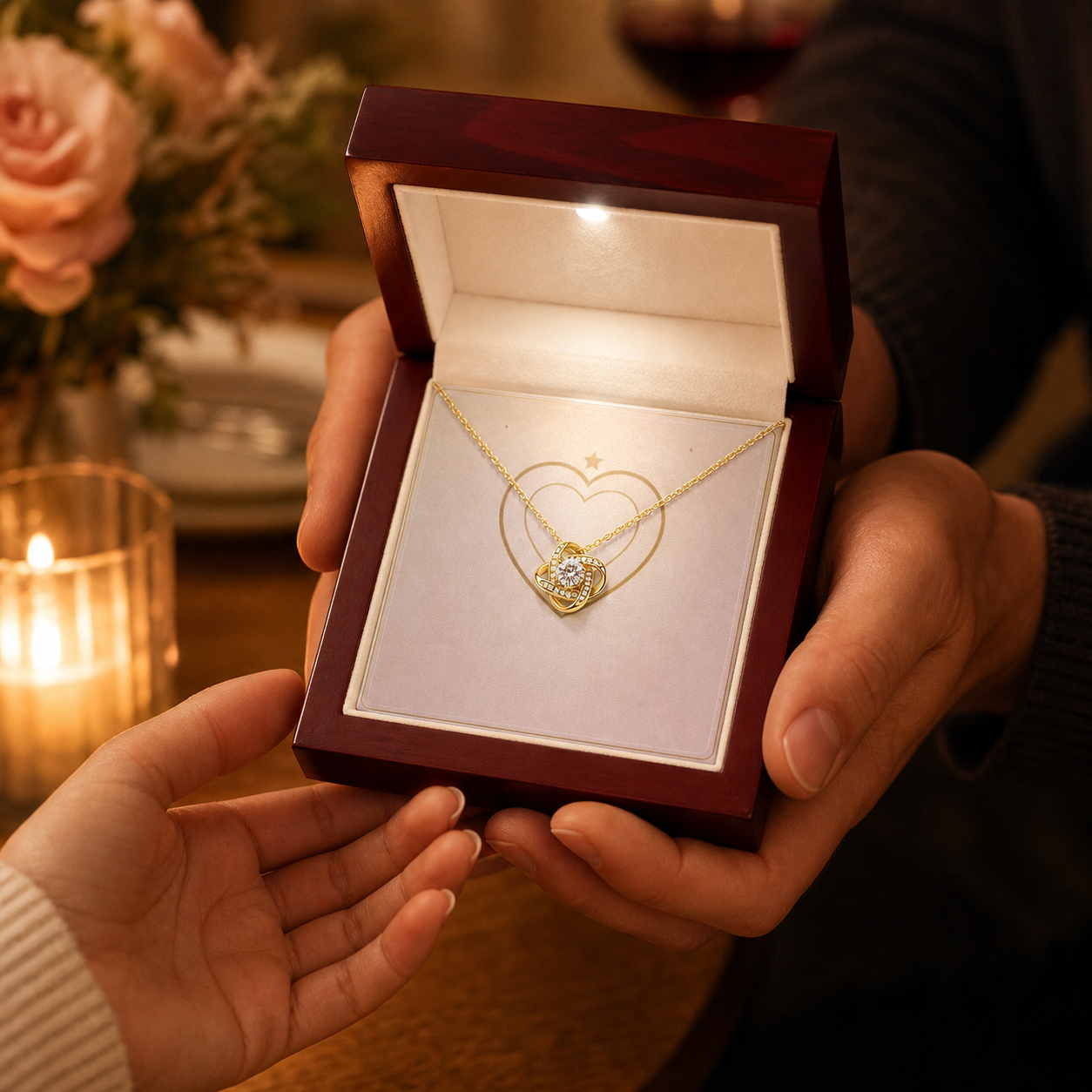 Goldfarbene Love-Knot-Halskette in geöffneter Luxus-Geschenkbox