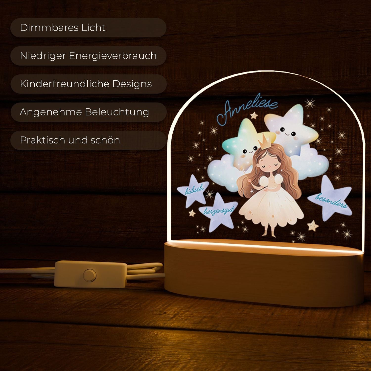 Personalisierte Mermaid-Nachtlicht mit Mädchen-Stern-Design, Holzsockel