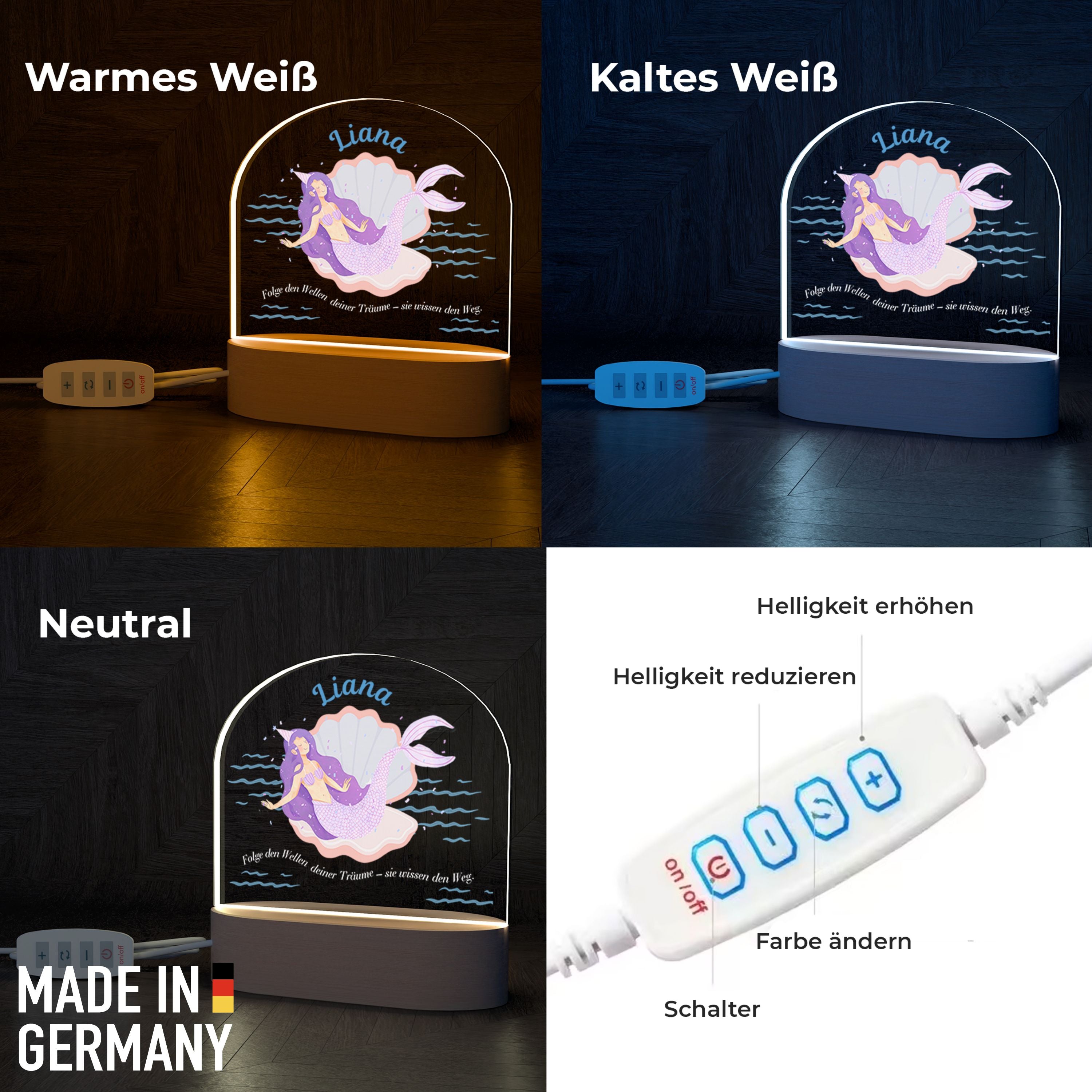 3D LED Nachtlicht Meerjungfrau mit Holzsockel, Glasglocke und Farbtemperatursteuerung