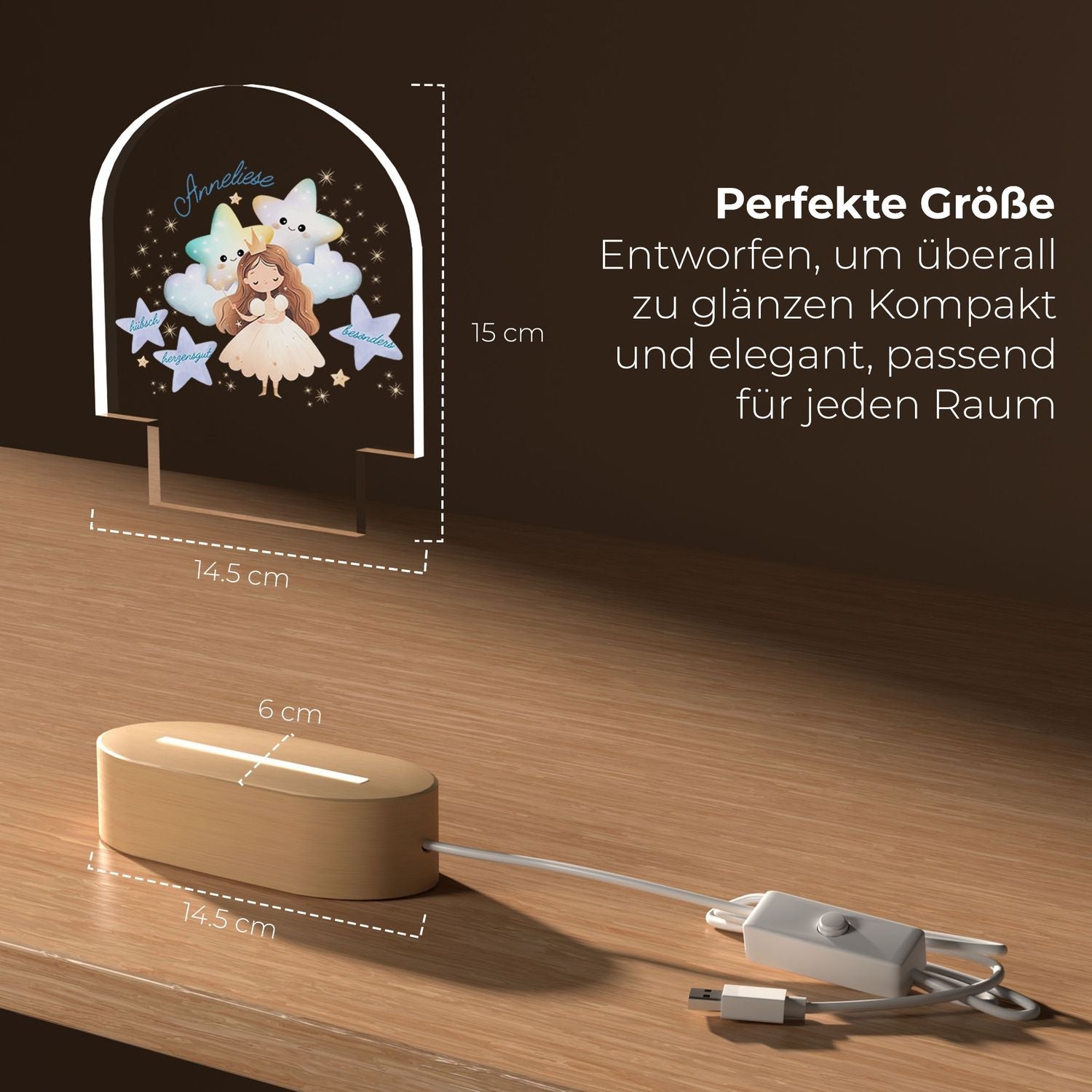 Klares Acryl-Nachtlicht mit Feenmotiv, Sternen, USB, 14,5 cm x 6 cm Basis, 15 cm hoch