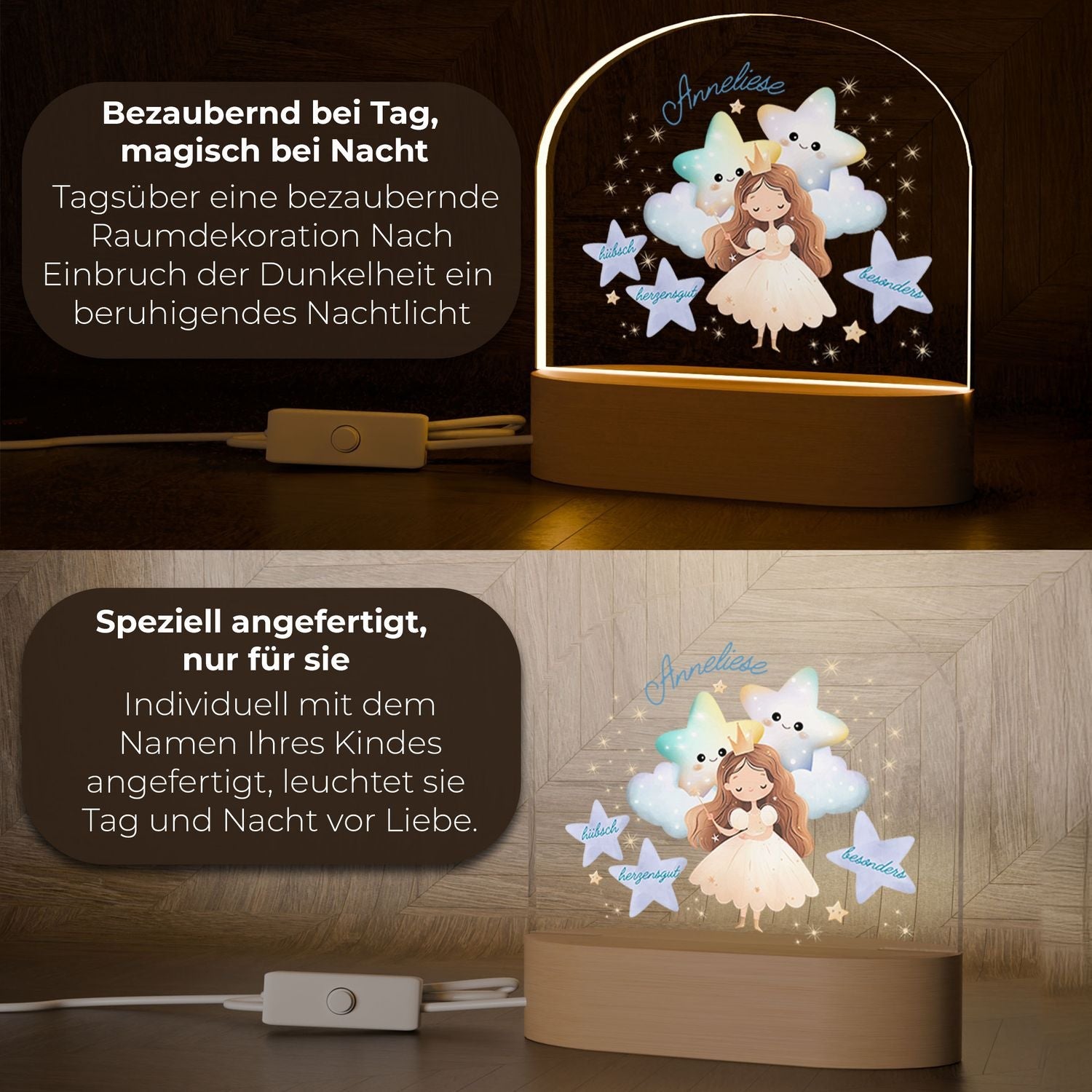 Personalisierte Meerjungfrau-Nachtlampe mit Prinzessin-Design, Sternen, Wolken und Pastelltönen