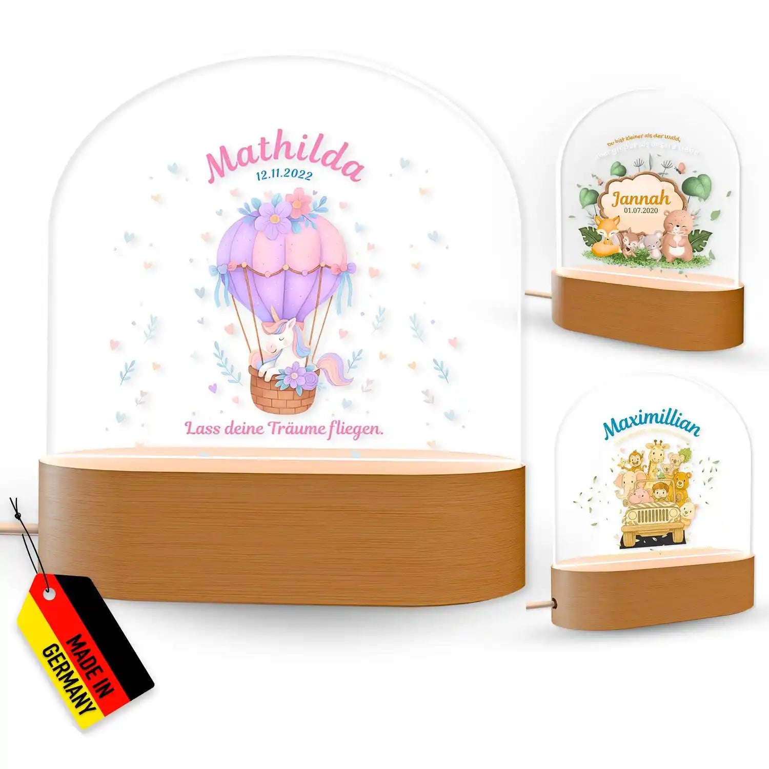 Personalisierte Acryl-Leuchtkasten mit Heißluftballon-Design, pinken und purpurnen Akzenten, Holzsockel