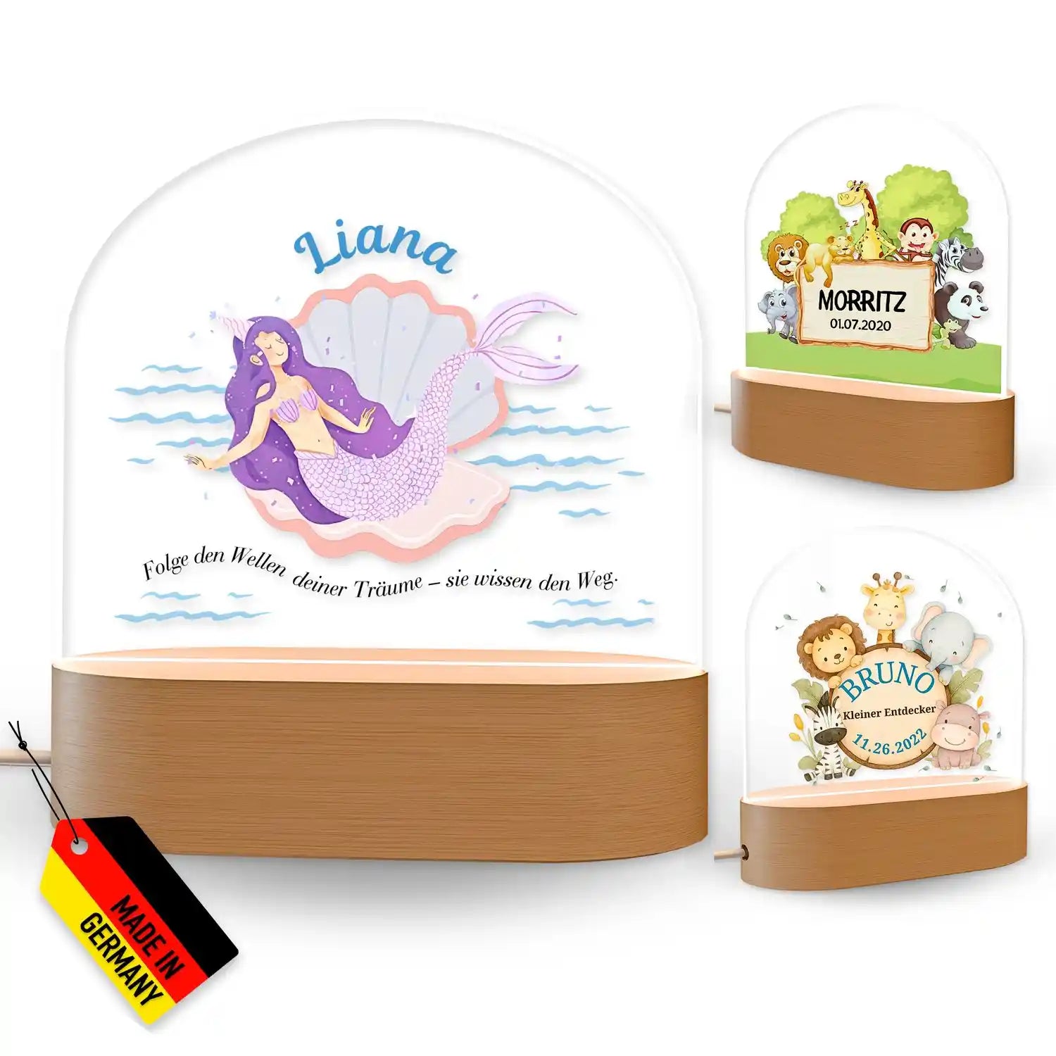 Mermaid-Nachtlicht mit lila-weißer Schwanz, Holzsockel und Glasglocke