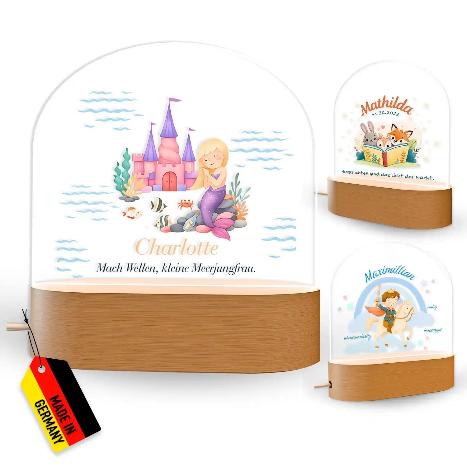 Personalisierte LED-Nachtlampe mit Mermaid-Design, pink-blau, Holzsockel, deutsch