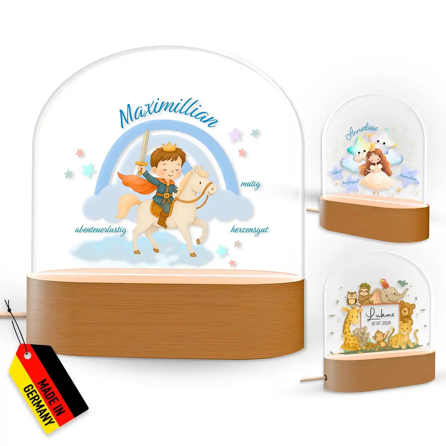 Personalisierte LED-Nachtlampe mit Ritter zu Pferd, Pastellfarben und Holzsockel