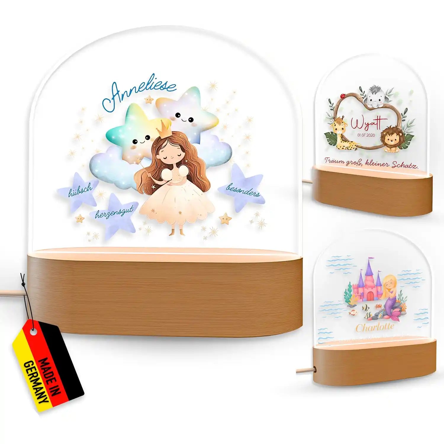 Mermaid Nachtlicht mit Holzsockel, Glasglocke und Feen-Design