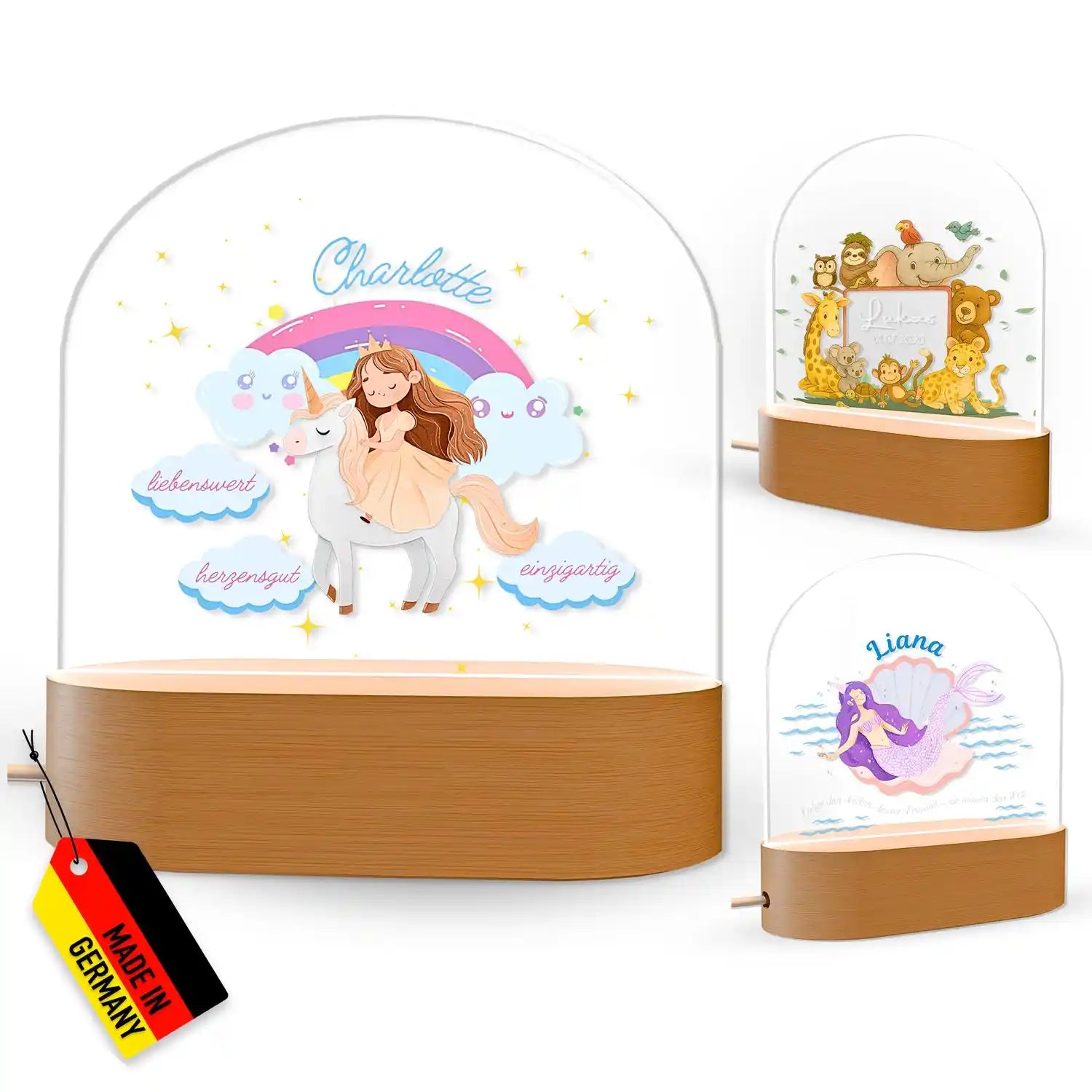 Mermaid Nachtlicht mit Regenbogen, Wolken und Holzsockel aus Deutschland