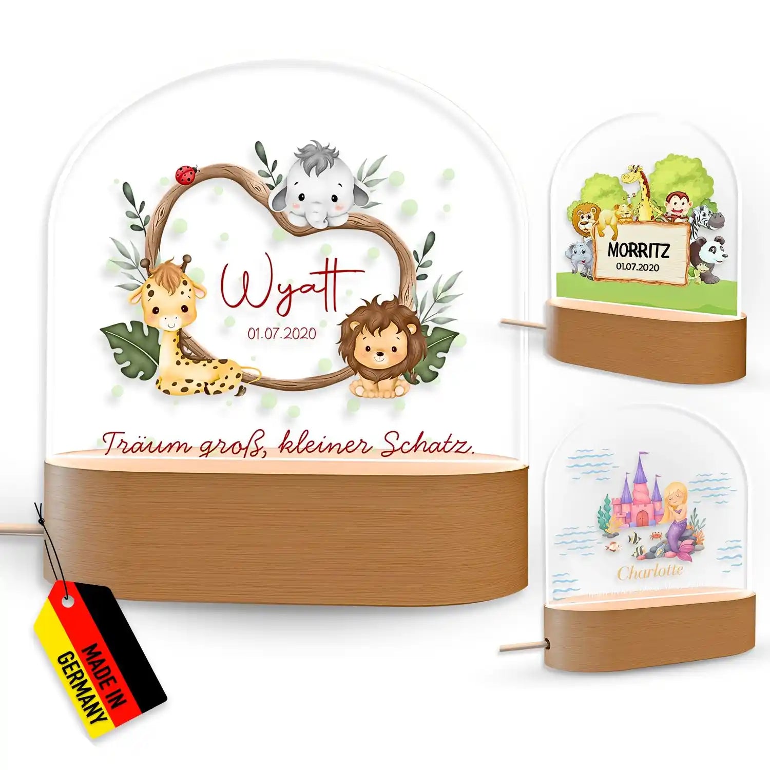 Holzherz-Schild mit Tierillustrationen und Made in Germany-Label