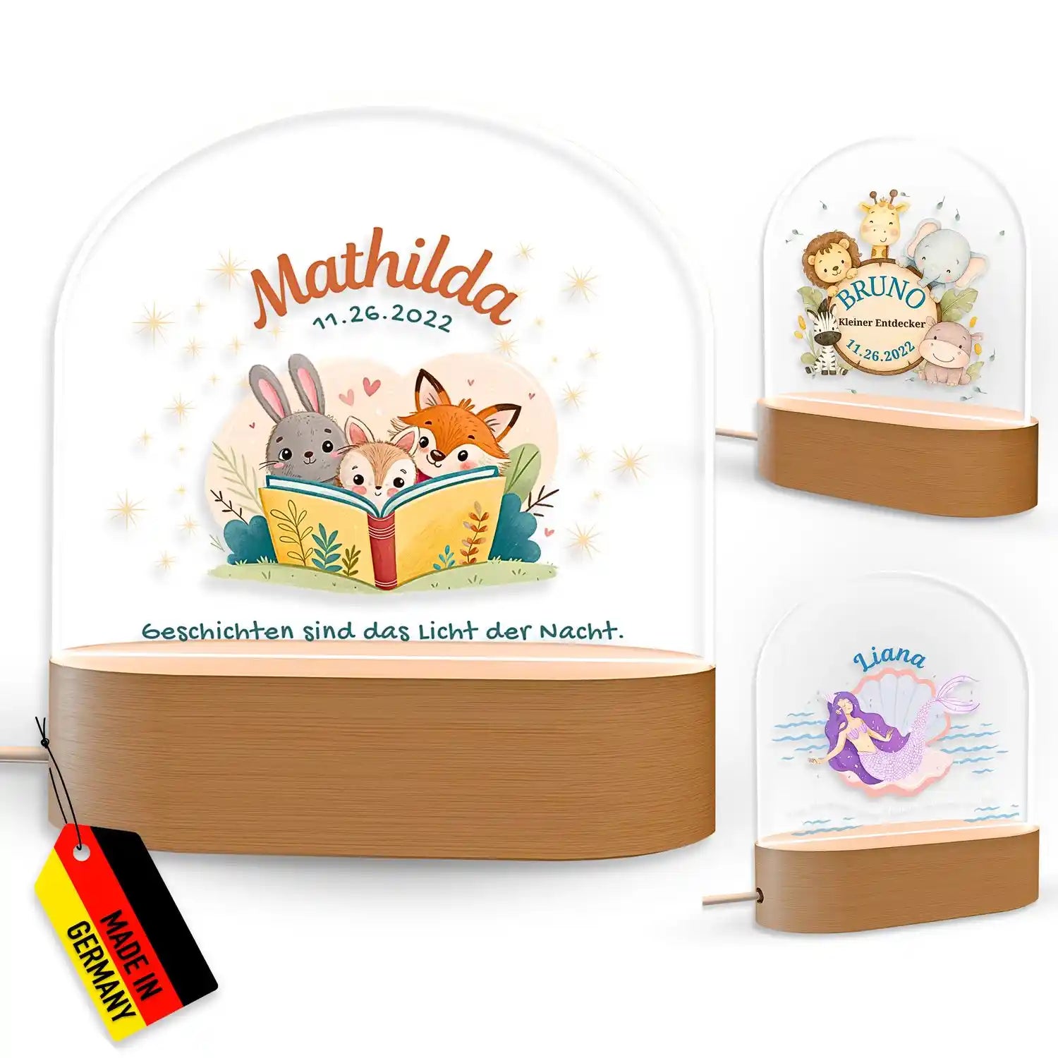 Personalisierte Meerjungfrau-Nachtlampe mit Holzsockel, Glasglocke und Tierillustrationen