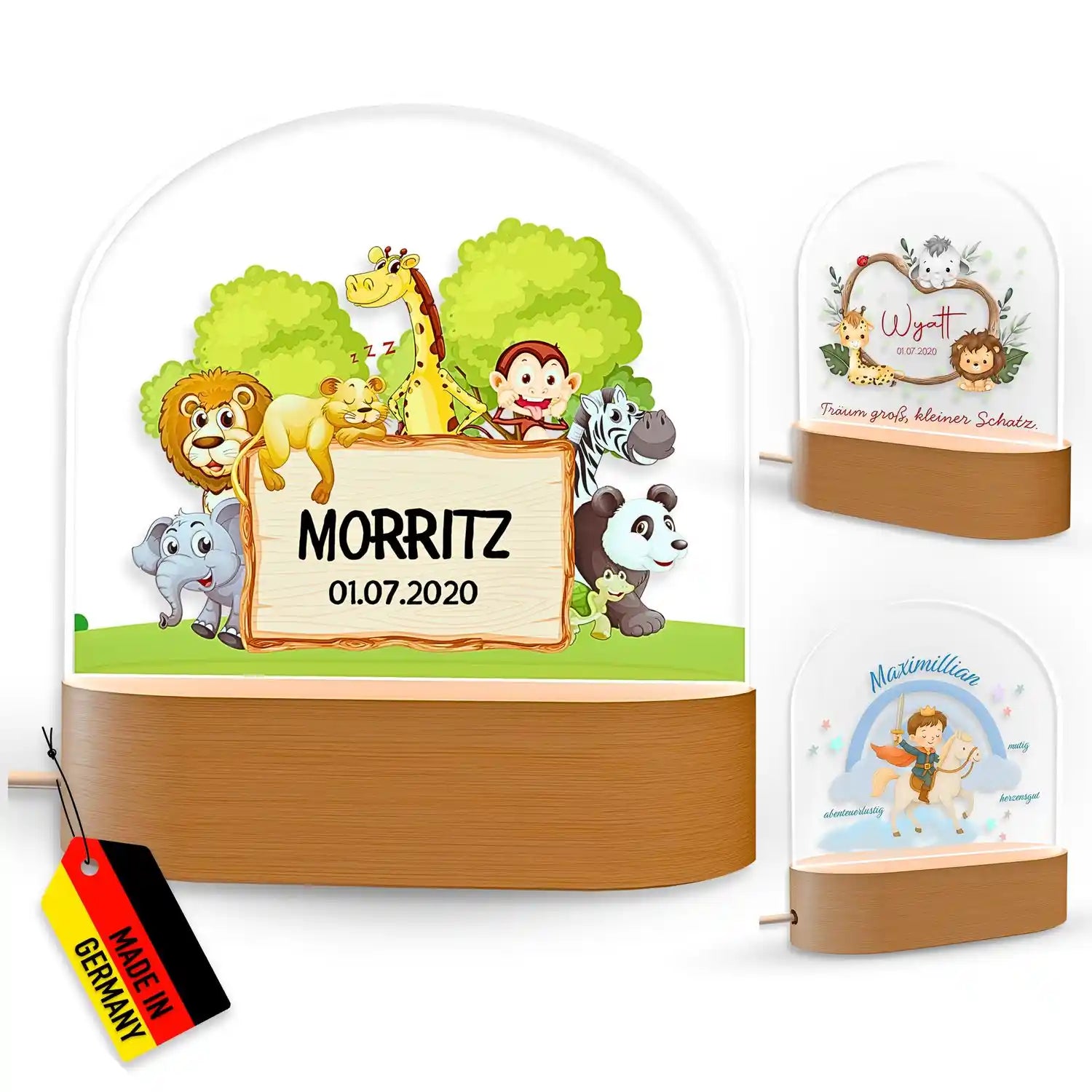 Personalisierte Baby-Nachtlampe mit Dschungel-Tieren, Holzsockel und Glasglocke