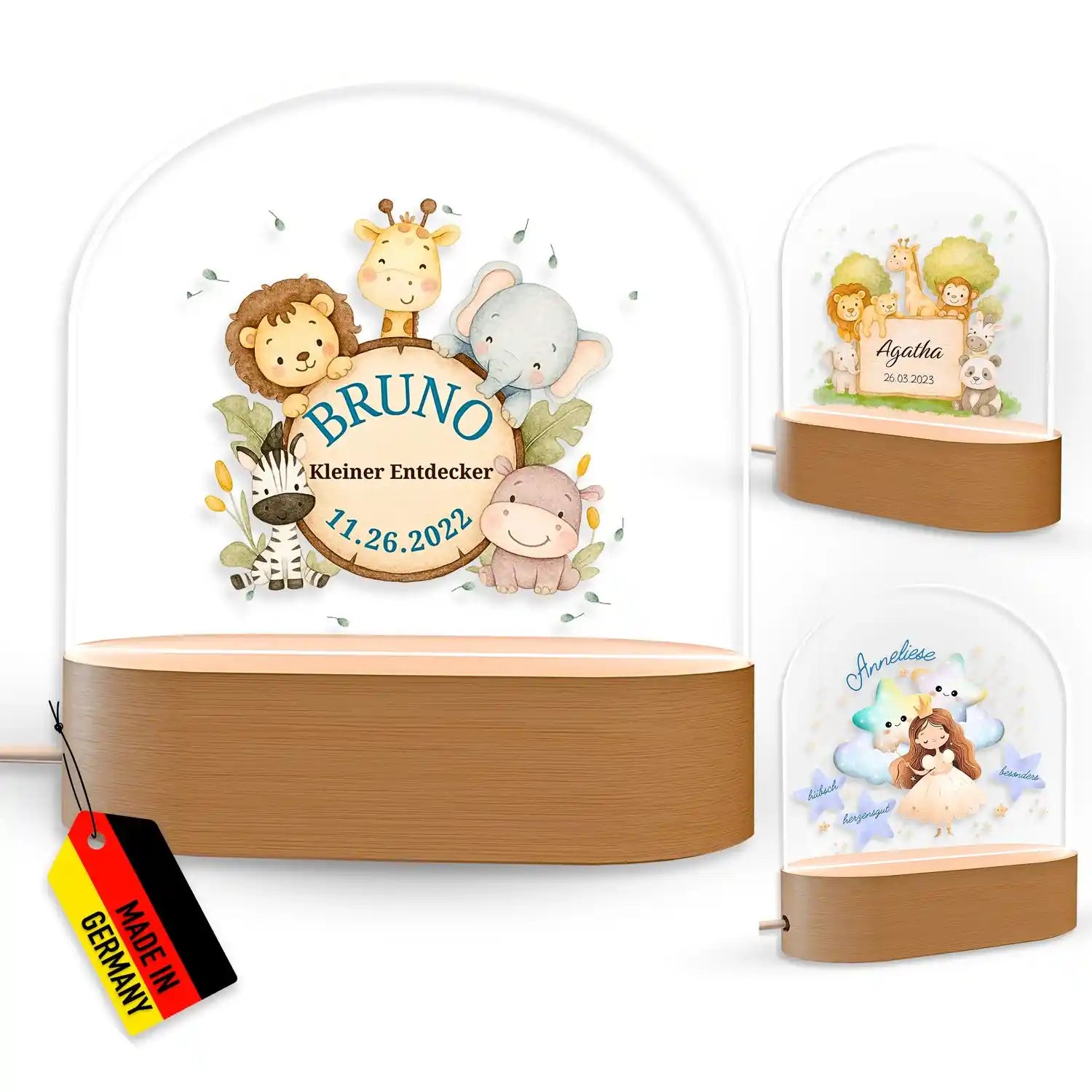 Personalisierte Holz-Dom-Nachtlicht mit Tierillustrationen und deutschem Label