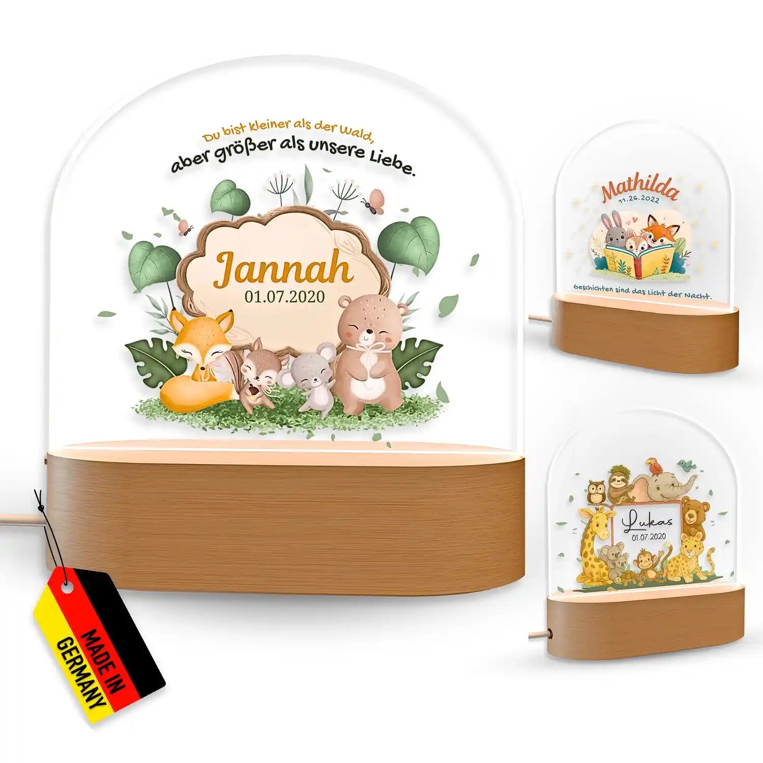 Personalisierte Meerjungfrau-Nachtlicht mit Holzsockel, Glasglocke und Tierillustrationen