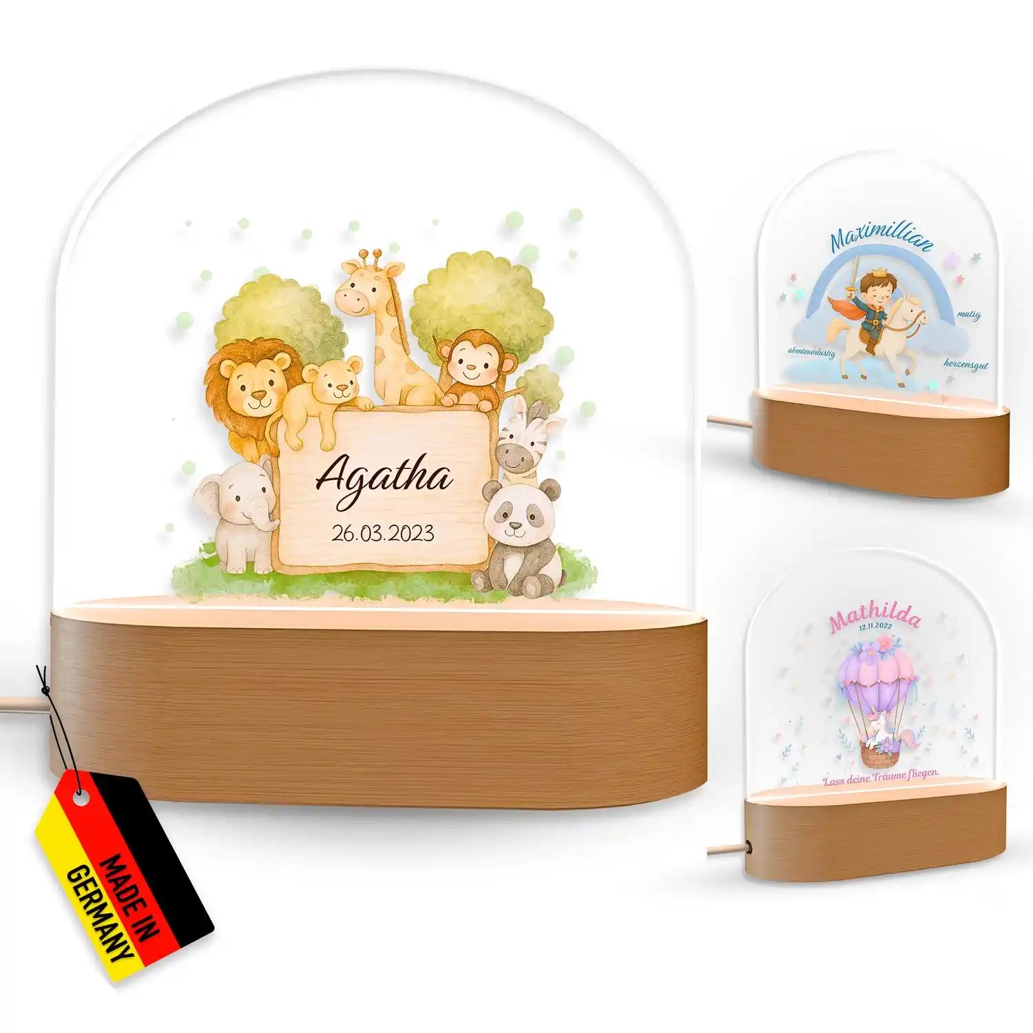 Holzdom-Lampe mit Tierillustrationen und personalisierter Namensplatte