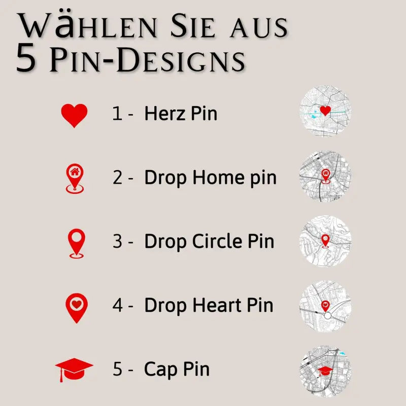 Pin Design Optionen für den besonderen Ort auf der personalisierten Stadtkarte
