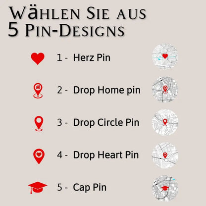 Pin Design Optionen für den besonderen Ort auf der personalisierten Stadtkarte