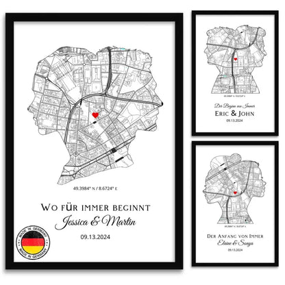 Framed map art print of besonderen ort für Paare im personalisierten Stadtkarte Kunstdruck