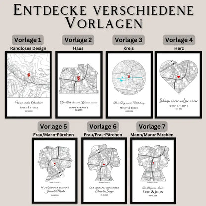 Collage aus personalisierten Stadtkarte Kunstdrucken mit besonderem Ort für Paare