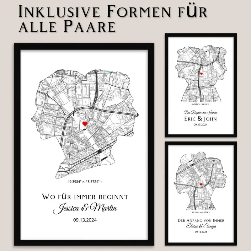 Gerahmtes Stadtplan-Kunstwerk für Paare mit besonderen Ort als Personalisierter Kunstdruck