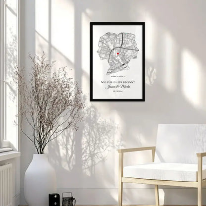 Personalisierter Kunstdruck Stadtkarte mit besonderem ort und Herz als Wanddekoration