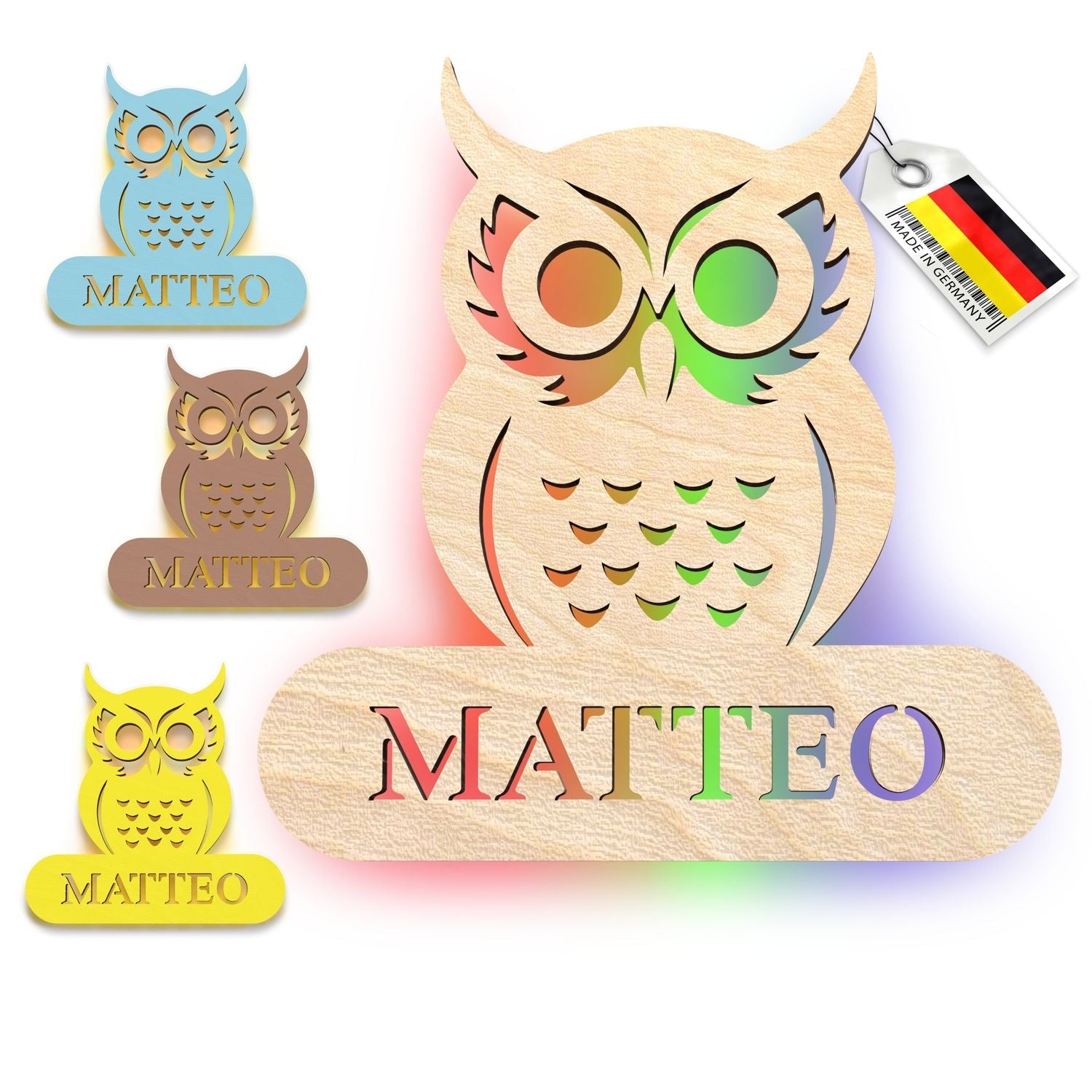 Personalisierte Burg Wandleuchte mit namensschild und minimalistischer Eulenfigur