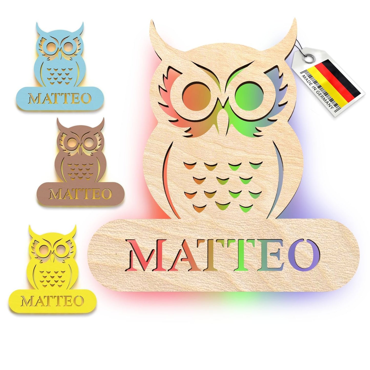 Personalisierte Burg Wandleuchte mit namensschild und minimalistischer Eulenfigur